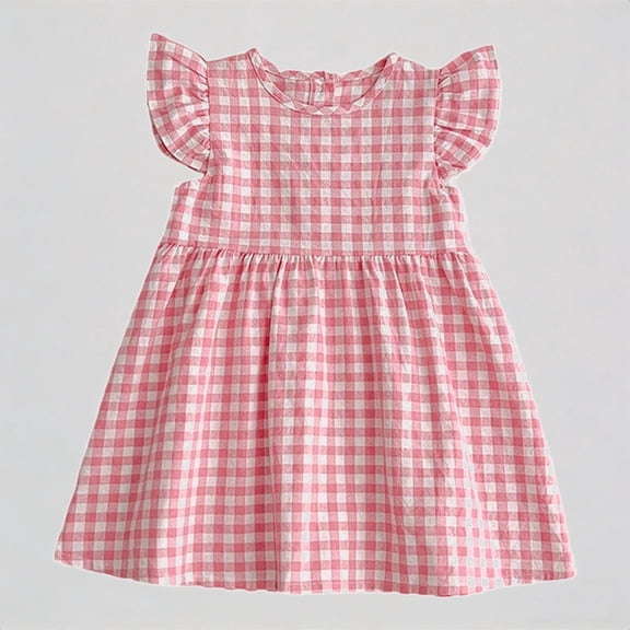 Krdevn Summer Girls' Checkered Dress with Flared Sleeves and Adorable Dress,3-4 Years