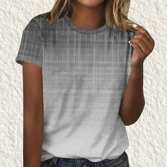 Summer Homenesgenics Womens Tops under $5 Women's Fashion Printed Blouses Short Sleeved Round Neck Gray L