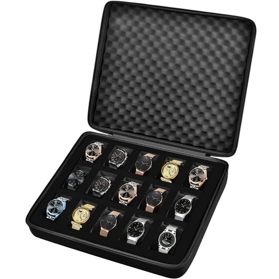 15 Slots Watch Cases for Men Display Storage Case Fits All Wristwatches and Smart Watches up to 42mm- Black