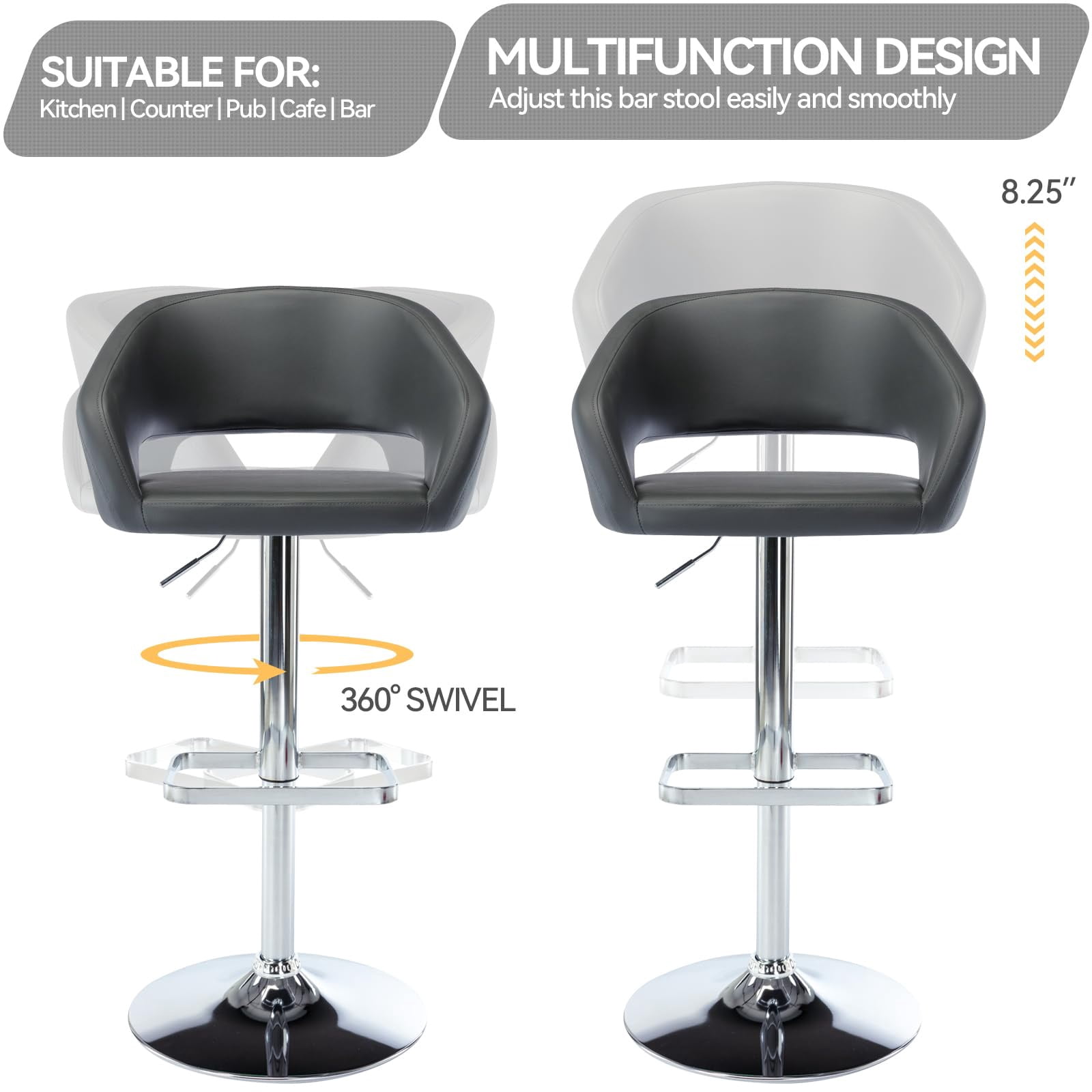 PU Leather Bar Stools, Adjustable Height 24."-32.25, Swivel Barstools with Back & Footrest, Upholstered Bar Chairs for Kitchen Island, Dining Room, Home Bar (Grey, Silver Base)