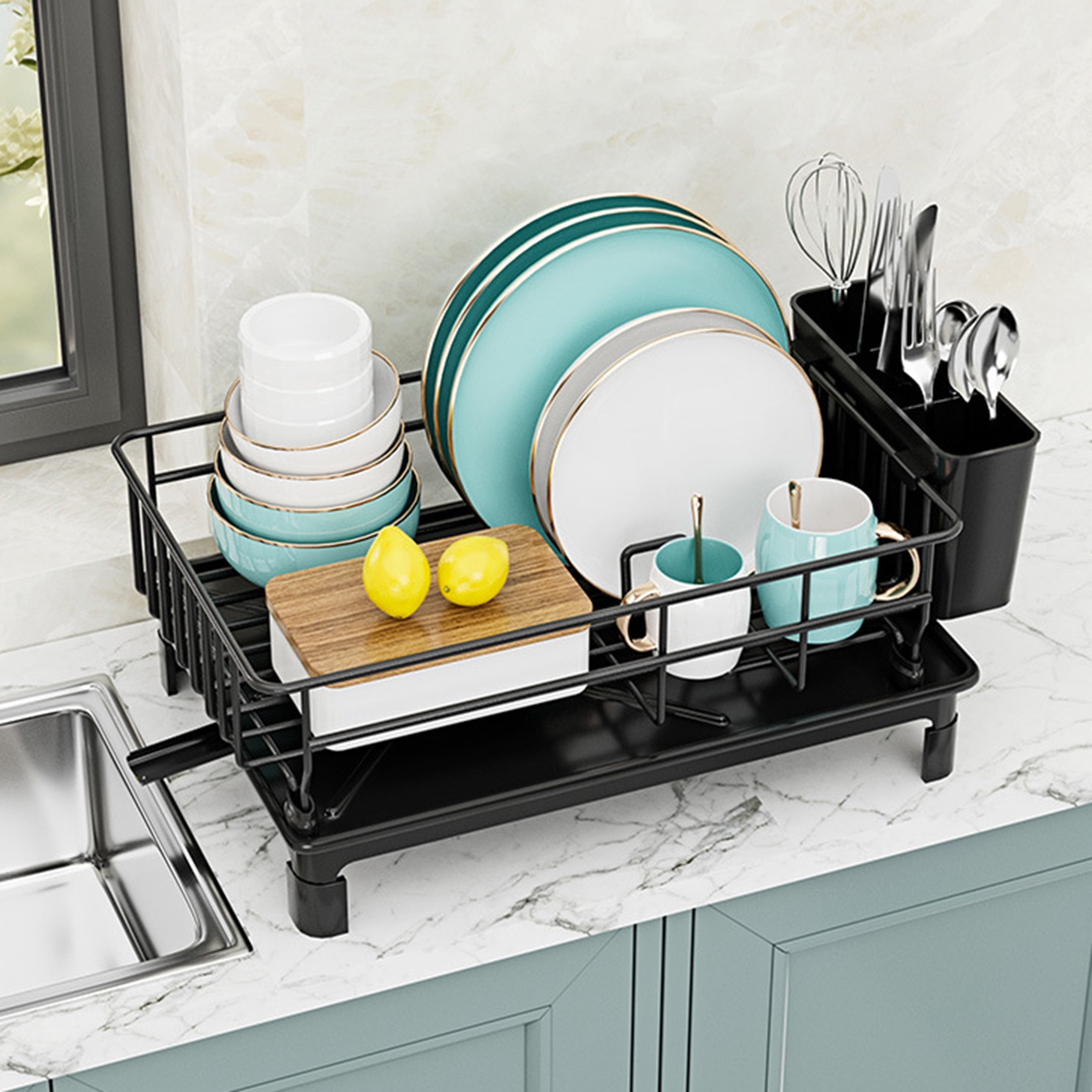 Multifunctional Kitchen Dish Drainer Rack, Countertop Cabinet Organizer with Drying Tray for Bowls, Plates and Utensils
