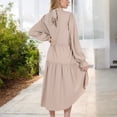 thumbnail image 5 of Women's High Neck Tiered Swing Dress with Long Sleeves- Large, Tan, 5 of 7