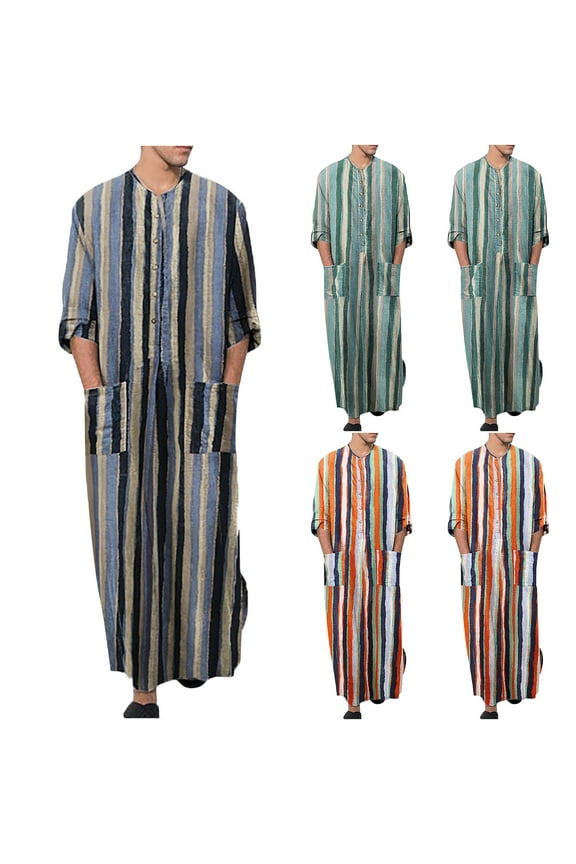 Men's Striped Muslim Robes Button Up Long Sleeve Kaftan Thobe Robe Splits Long Gown Casual Shirt Dress