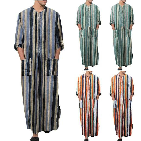 Utoimkio Men's Striped Muslim Robes Button Up Long Sleeve Kaftan Thobe Robe Splits Long Gown Casual Shirt Dress