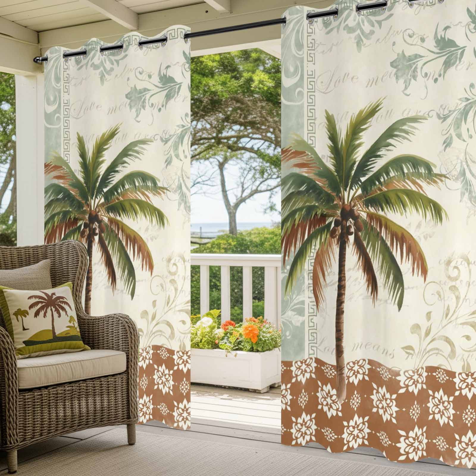 Palm Tree Outdoor Curtains for Patio, Summer Island Plant Brown Boho Floral Sunshade Privacy Drapes Grommet Waterproof Outside Curtains for Porch/Cabana/Balcony 54"x 108", 1 Panel