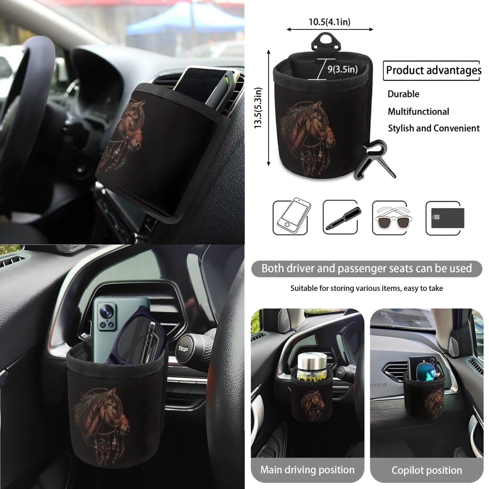 Garronmavis Dreamcatcher Horse 15 PCS Car Seat Cover Full Set Steering Wheel Cover Keychain Car Trash Can Car Dash Accessories Rearview Mirror Cover Cup Mats Easy to Install Universal Fit