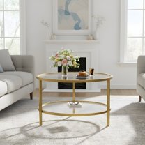 Round Coffee Table with 2-Tier Glass Shelves - Modern Living Room Accent