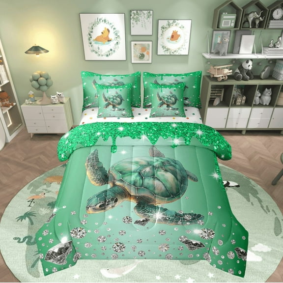 Sea Turtle Comforter Set 7 Piece Bed in a Bag Twin,Green Sequin Fluid Art Bedding Set,Crystal Diamond Comforter and Sheet Set Nautical Sea Animal Bed Set,Coastal Creature Ocean Decor
