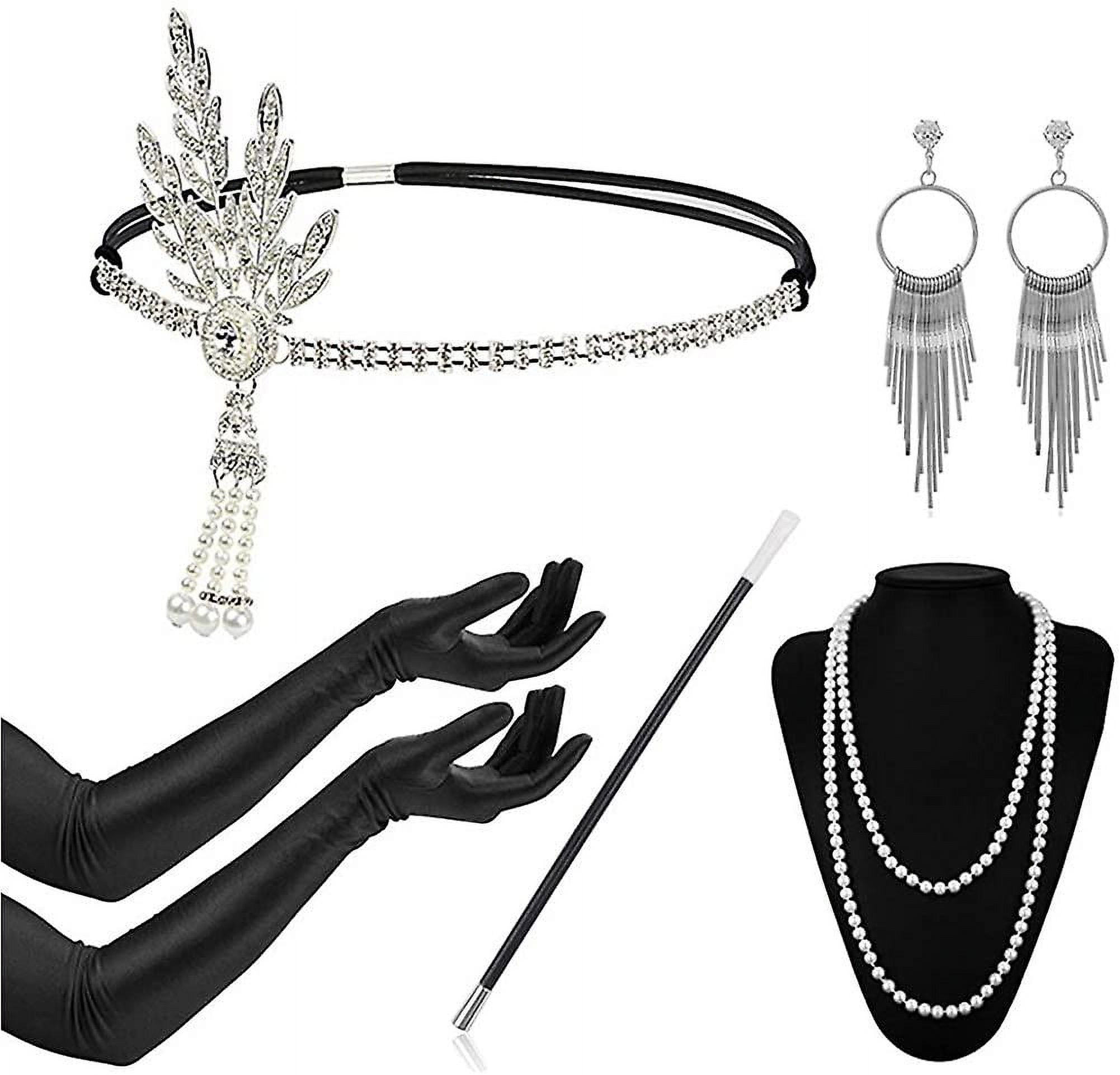 MIVAIUN Juego de 4 Piezas Accesorios Flapper Diadema Collar de Perlas Pendientes Guantes Fiesta Disfraz Gran Gatsby para Mujer MIVAIUN Juego de 4 Piezas Accesorios Flapper Diadema Collar de Perlas Pendientes Guantes Fiesta Disfraz Gran Gatsby para Mujer