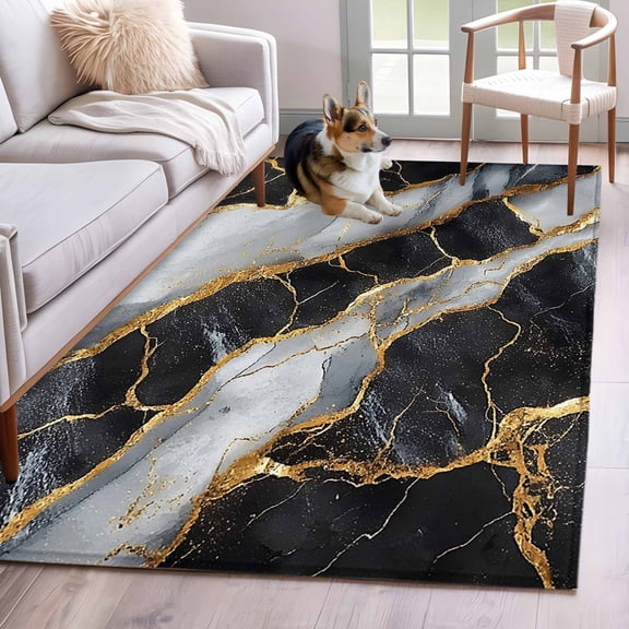 Abstract Marble 3x5 Area Rugs for Living Room, Black Gold Crack Texture Impressionist Non Slip Floor Mat Washable Low-Profile Indoor Carpet for Bedroom, Dining Room, Bathroom