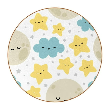 

OWNTA Moon Cloud Stars Pattern Premium Microfiber Leather Round Coasters (6PCS) - 11x11 cm/4.3x4.3 in - Durable & Stylish Cup Mat Set