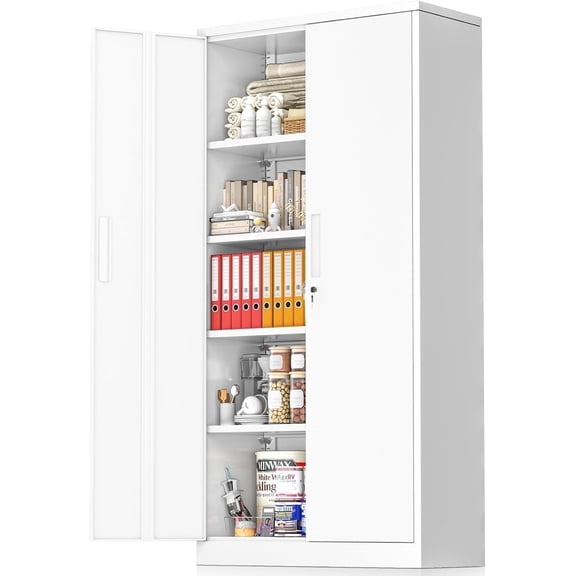 SOLAURA 71" Metal Garage Storage Cabinet with Locking Doors and Adjustable Shelves for Home, Office(White)