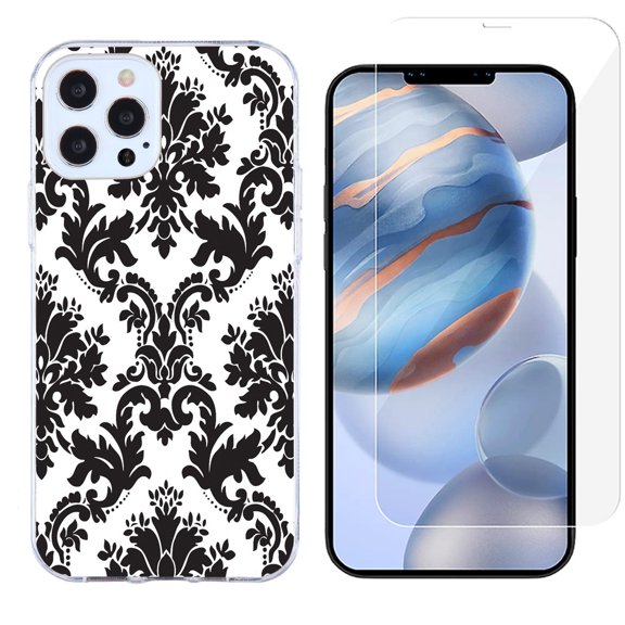 Slim-Fit Protective Phone Case compatible with iPhone 12 Pro Max, with Tempered Glass Screen Protector, by OneToughShield ® - Victorian White/Black