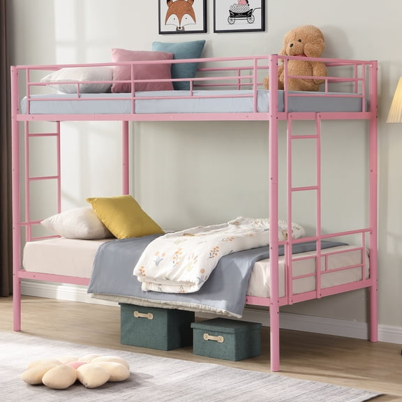 Twin Over Twin Bunk Beds, UHOMEPRO Metal Twin Bunk Bed with Ladder and Safety Guardrails, Bunk Bed for Bedroom Dorm Room, Pink