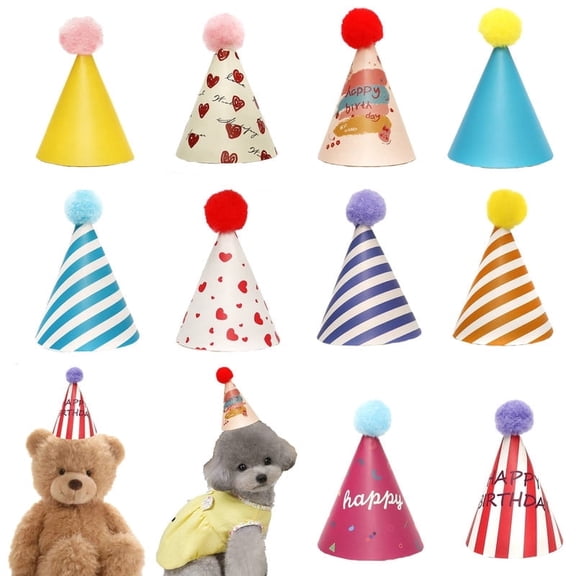 10pcs Colorful Mini Party Hats, Cute Party Hats for Stuffed Animals, Adjustable Cone Hat with Pom Poms for Kittens Rabbits Dogs and Stuffed Animals, for Birthdays and Celebrations