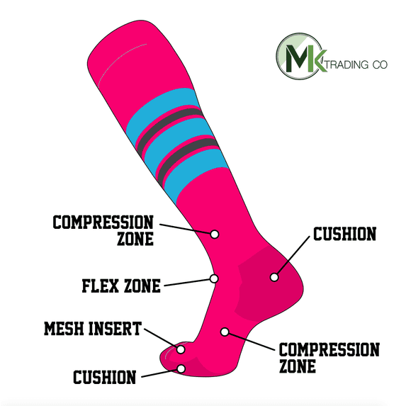 TCK Elite Baseball Football Striped Socks (F) Hot Pink, Electric Blue, Graphite (L)