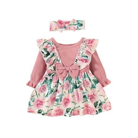 

Fanvereka Ruffled Ribbed Flower Print Long Sleeve Dress Bowknot Headband