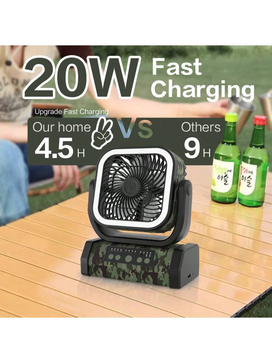20000/30000mAh Camping Fan - With Rechargeable Li-Polymer Battery With LED Lantern - Portable Outdoor Tent Fan With Hook, 4-Speed Wind Remote Control,Green
