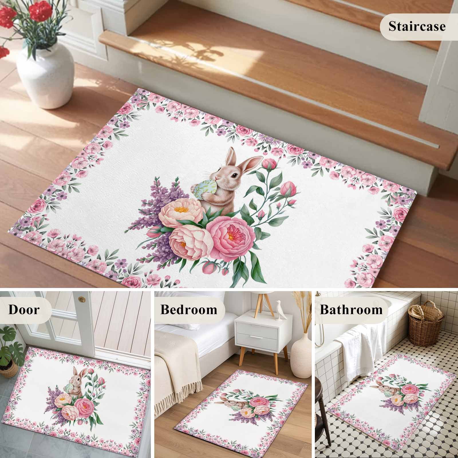 Easter Bunny Roses Entryway Rug 2'x3'&nbsp; Non Slip Front Door Mats, Pink Floral Spring Botanical Entrance Rugs Indoor Outdoor Carpet, Washable Floor Mats Small Area Rug for Bedroom Kitchen