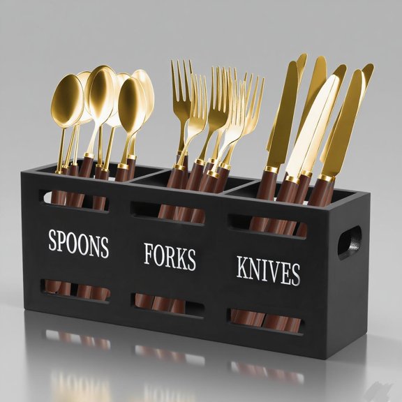 Wood Kitchen Utensil Holder with 3 Compartments for Countertop, Wooden Flatware Utensil Organizer Storage Box for Forks, Spoons, Knives, Black