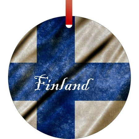 Finland Ribbons - Finland Grungy Waving Flag Print- Rosie Parker Inc. TM - Double-Sided Round-Shaped Flat Aluminum Christmas Holiday Hanging Ornament with a Red Satin Ribbon. Made in the USA!