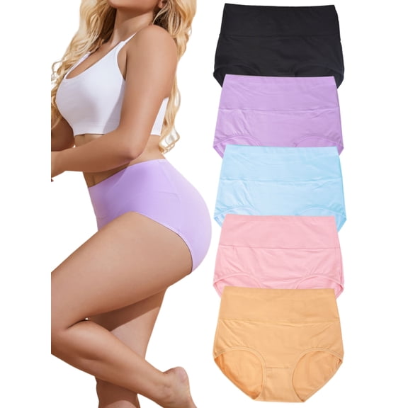 DINGLU Womens Underwear Cotton High Waisted Panties Soft Stretch Breathable Briefs 5 Pack, Size 6