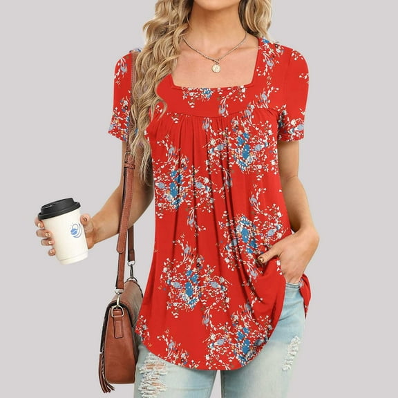 Vivianyo HD Women Top Clothes Plus Size Women Fashion Printed Casual V-Neck Short Sleeve Loose T-Shirt Blouse Tops Flash Picks Red