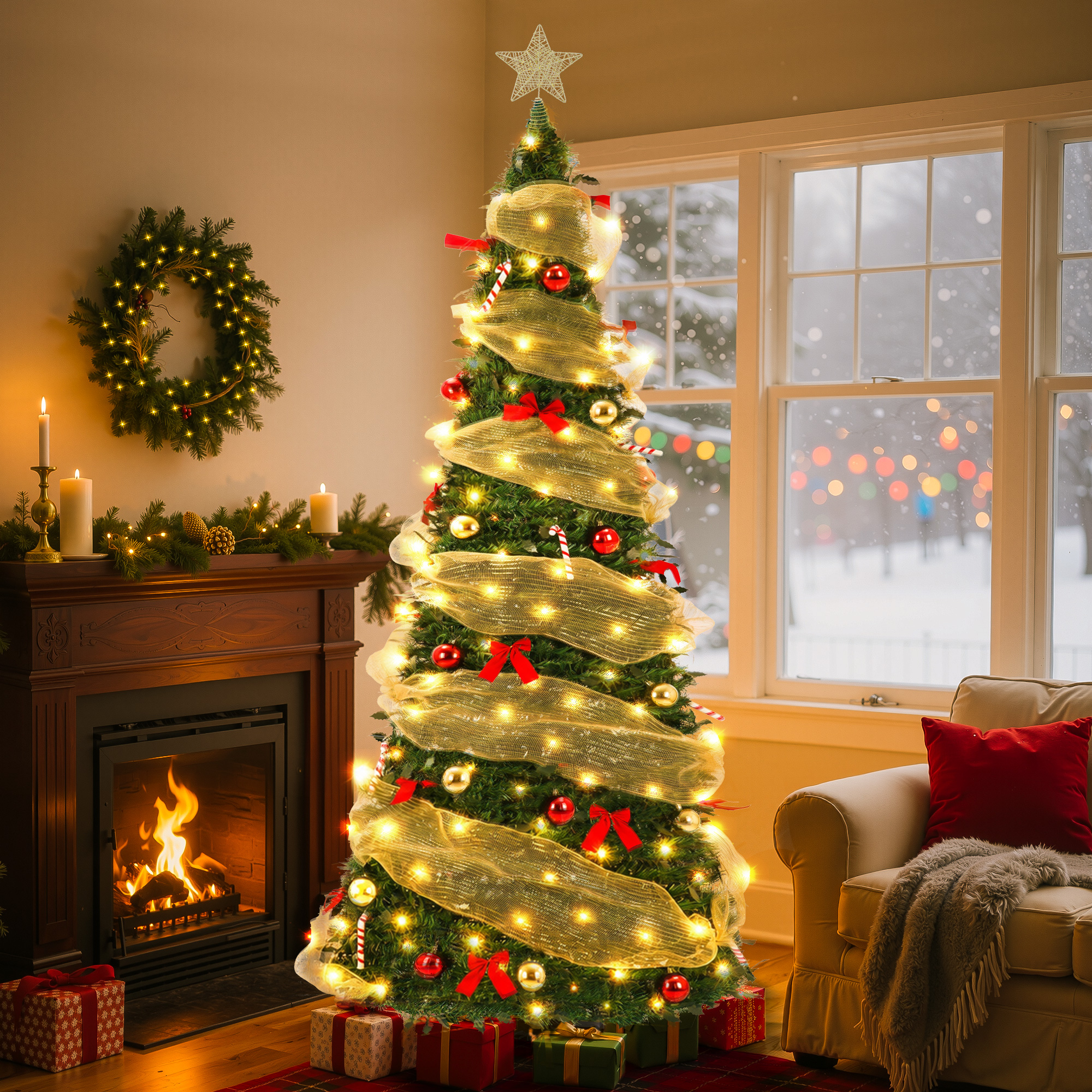 Yexmas 6ft Pop-Up Pre-Lit Christmas Tree, 300 LED Lights