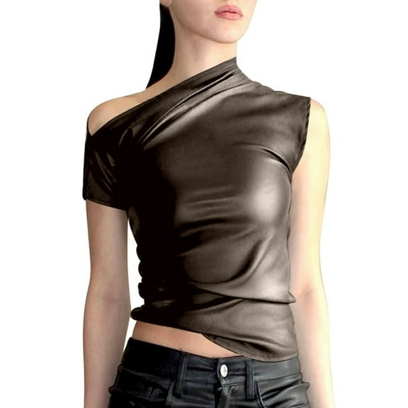 DuoJiaJ Women's Slim Fit Off Shoulder Leather Top Summer Streetwear Fashion Shirt Women’s Casual Ribbed Knit Tank Tops