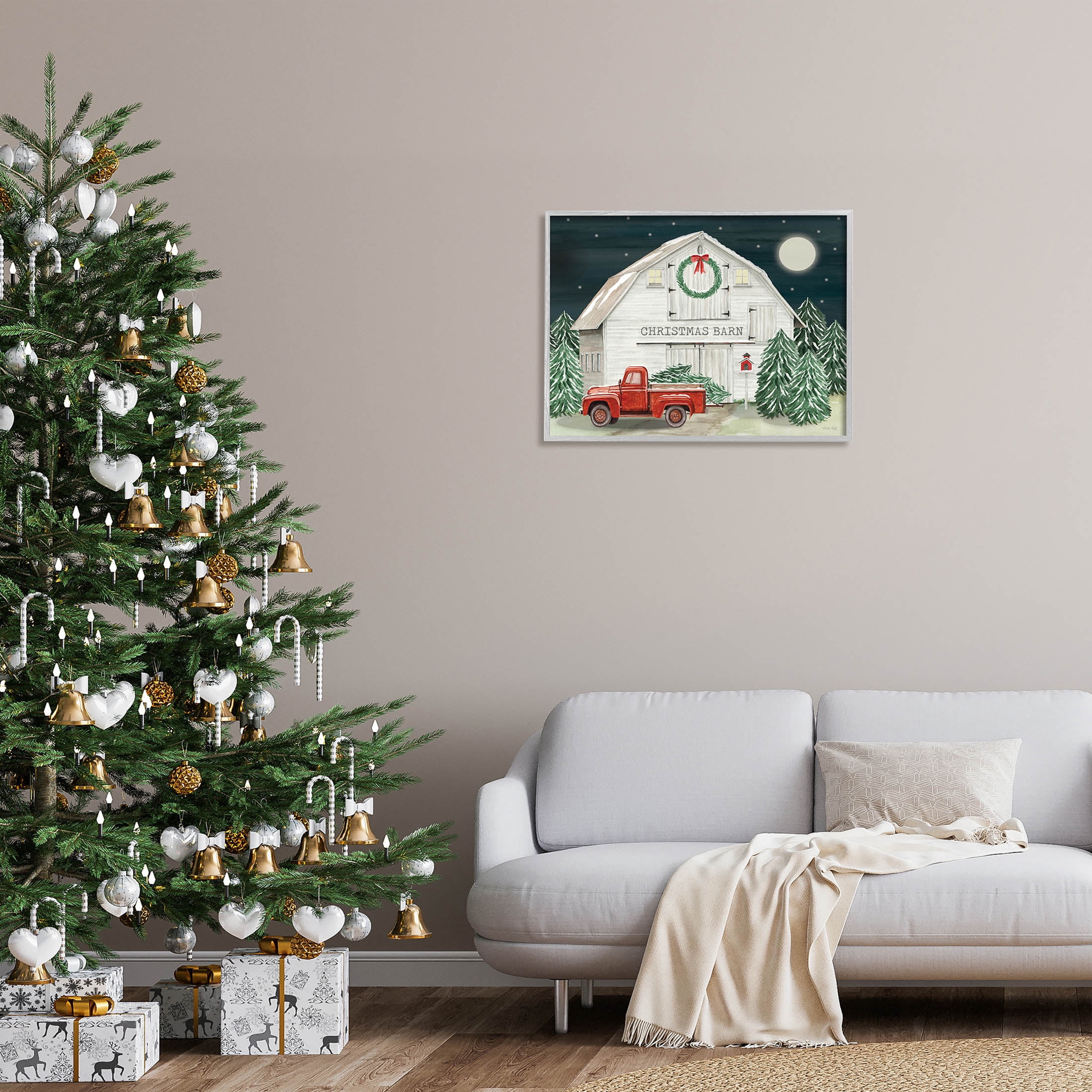 Nighttime Christmas Barn Farm Holiday Graphic Art Gray Framed Art Print Wall Art