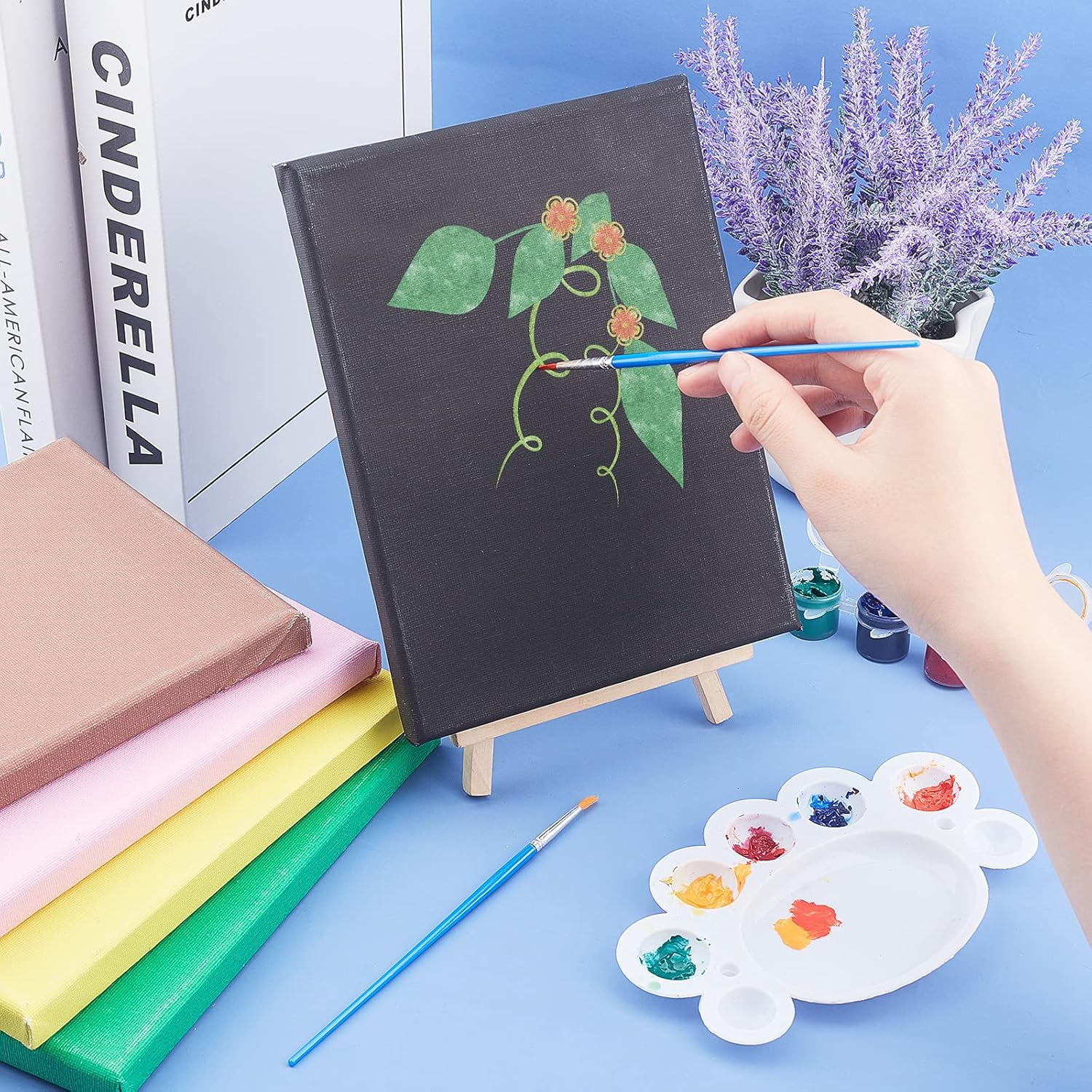 Painting & Drawing Supplie Sets Including Cotton Stretched Blank Canvas with Wooden Frame Plastic Paint Pots Strips & Brushes Pens Mixed Color 21x15x1.6cm 6 colors 1pc/color 6pcs