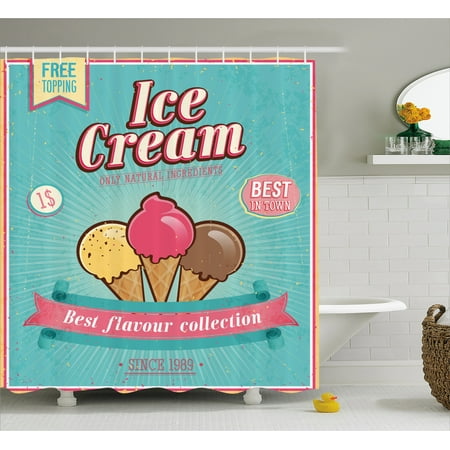 Ice Cream Decor Shower Curtain, Best Flavor Collection Quote with Free Topping Kids Design, Fabric Bathroom Set with Hooks, 69W X 70L Inches, Seafoam Pink Light Yellow, by