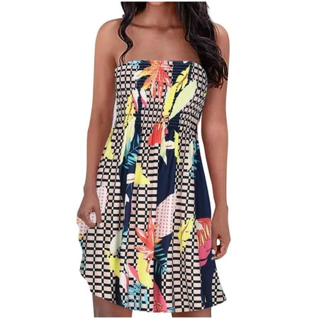 

Mini Dresses Women Sexy Strapless Bandeau Dress Bohemian Floral Skirts Elastic Sleeveless Beach Casual Sundress