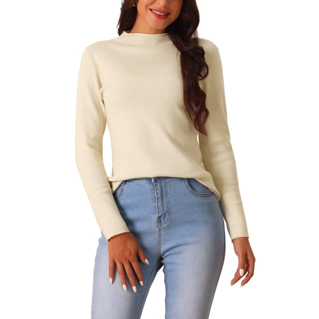 Suéter de manga larga de cuello redondo para mujer, otoño/invierno, ajuste delgado, color beige M
