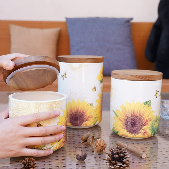 Sunflower Ceramic Canister Set with Lids for Tea, Coffee, Sugar Storage