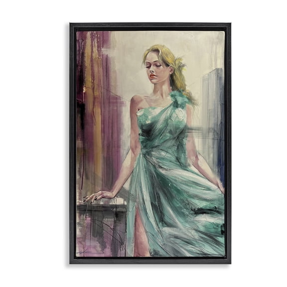 Stupell Industries Elegant Blonde in Dress People Painting Black Floater Framed Canvas Art Print Wall Art, 17 x 25
