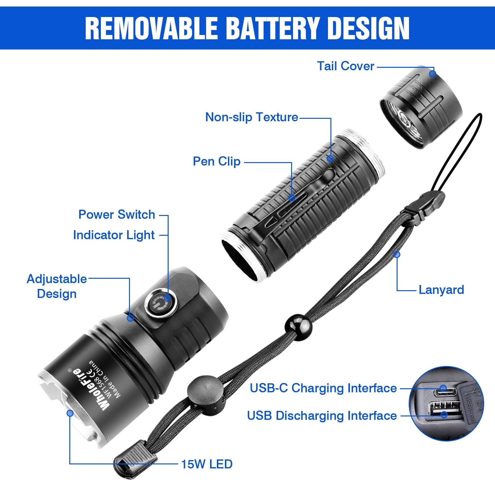 15W LED Rechargeable Flashlight Adjustable Focus Flashlights Waterproof Flash Light with Battery for Emergencies Camping