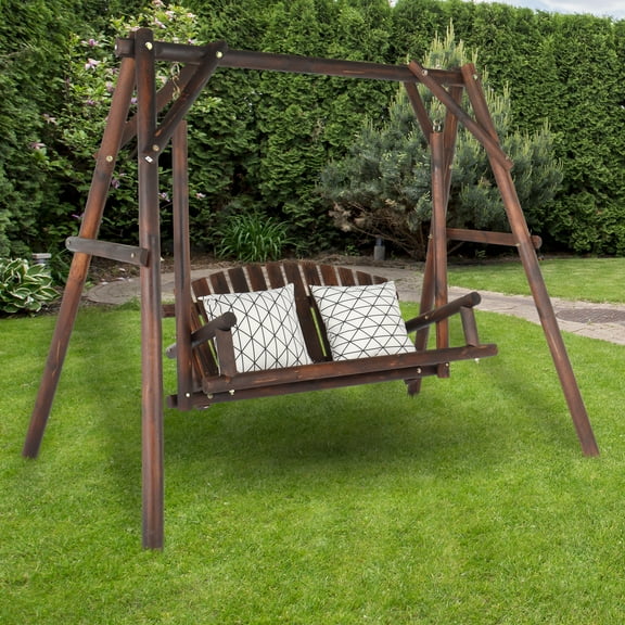 iTopRoad Wooden Patio Porch Swing with Stand A-Frame Rustic Loveseat