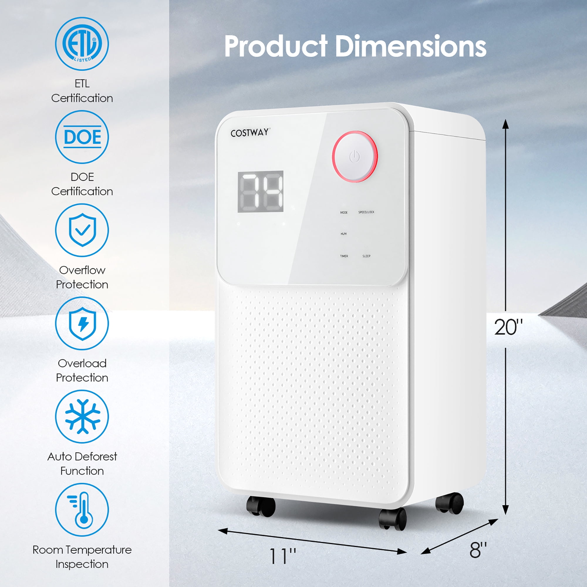 Costway 9-Pint(DOE) Dehumidifier with 3-Color Digital Display 2,000 Sq. ft Coverage Area (MAX 32Pint at 95°F, 90%RH)