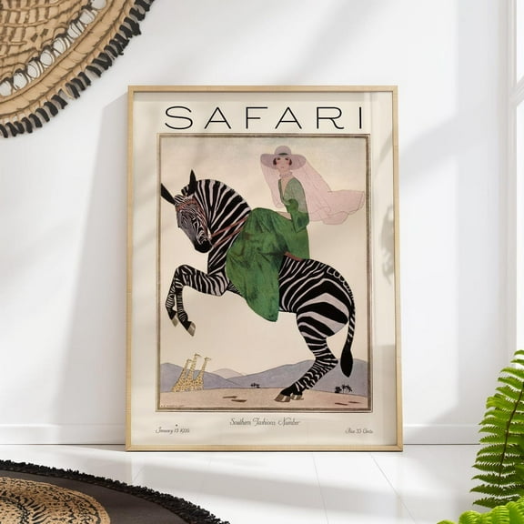 Safari Fashion Poster Magazine Cover, Vintage Woman On Zebra Print, Retro Art Deco Wall Art Wall Art, Modern Wall Decor, 8x12 UNFRAMED