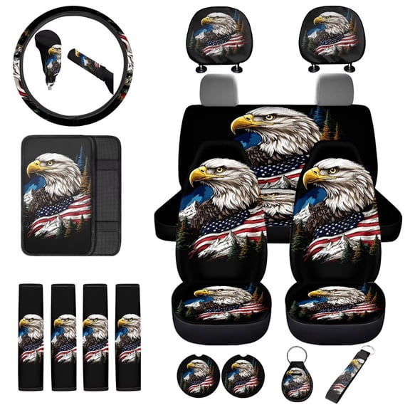 Uorisanigo Eagle National Flag Car Seat Cover Full Set of 18 Pack with Steering Wheel Seat Belt Pad Center Console Pad Headrest Covers Lever Stick Knob Cover Drink Coasters Key Chains,Universal Fit