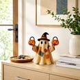 thumbnail image 5 of Aoznliie Lighted Vintage Patchwork Ghost, Glowing Resin Figurine with Pumpkin Basket, 4x3x3 inch Halloween Decor for Indoor Display, Multicolor, 5 of 7