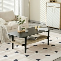 Guyou Rectangular Coffee Table with Natural Rattan Storage Shelf, Farmhouse Solid Wood Coffee Table, Large 2-Tier Sofa Table for Living Room Bedroom Office, Black