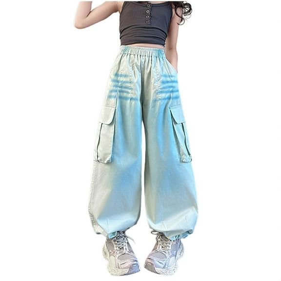 Ugoldhm Cargo Pants for Girls Fashion Hiking Summer Wide-Leg Pant Cotton Trousers Size 8-16