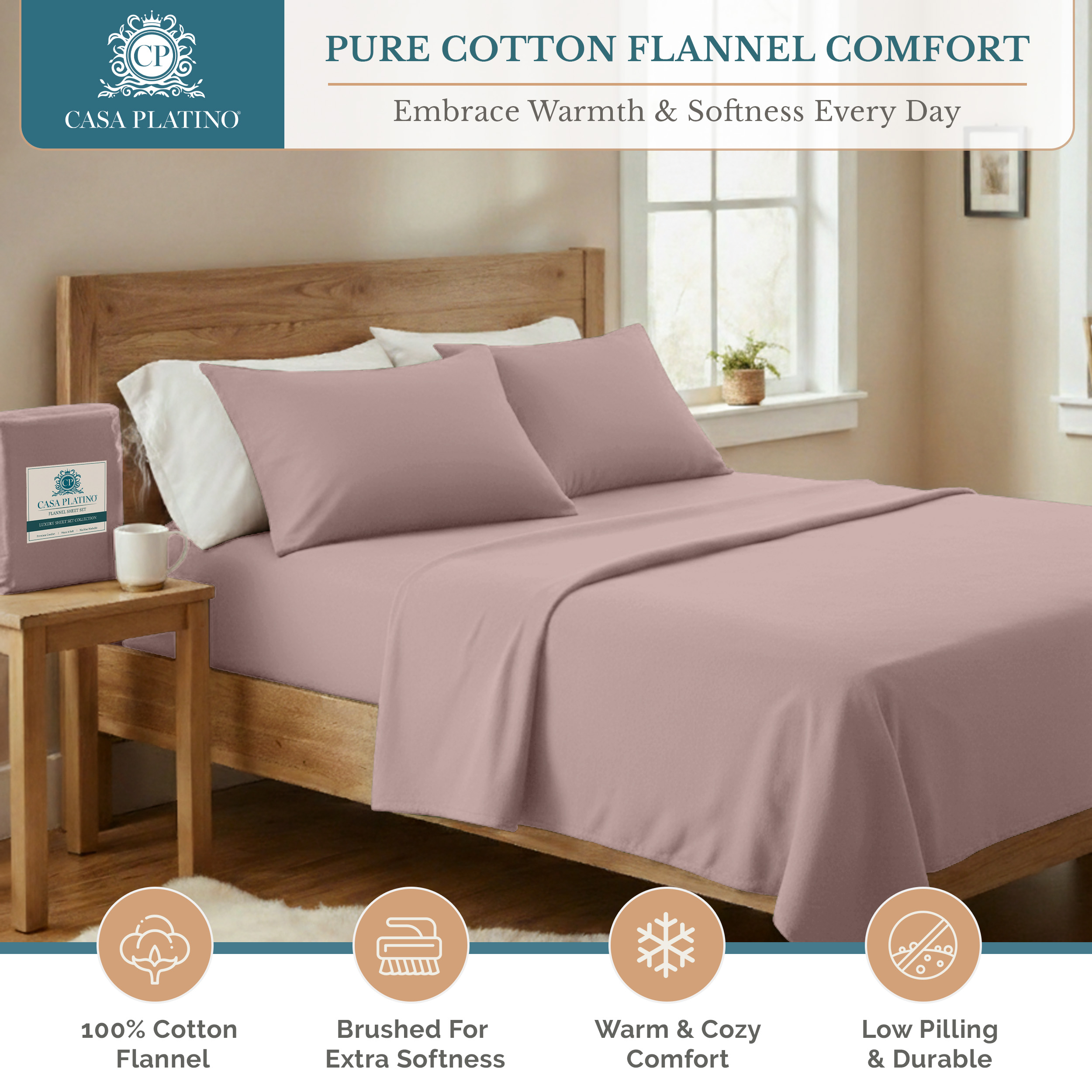 Casa Platino 100% Cotton Queen Flannel Sheet Set, Sepia Rose photo 2