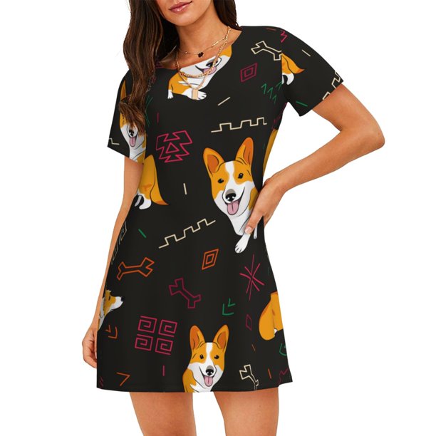 Fotbe Royal Corgi Bata de Dormir para Mujer con Estampado, Camisón de Algodón de Manga Corta, Ropa de Dormir Casual