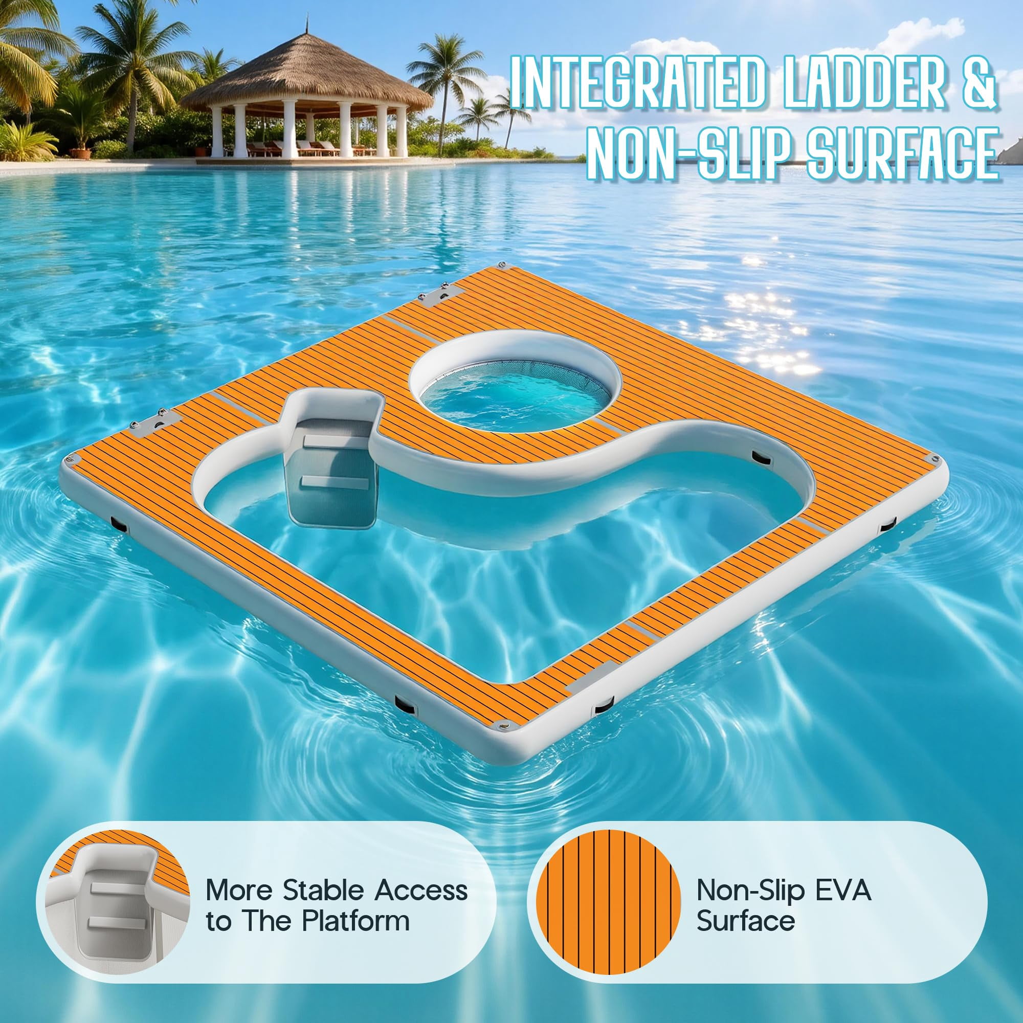 LUXOAK 13×13ft Inflatable Sea Pool, Swimming Pool Platform with Safety Net, Modular Swim Air Dock with Electric Air Pump for Ocean Party