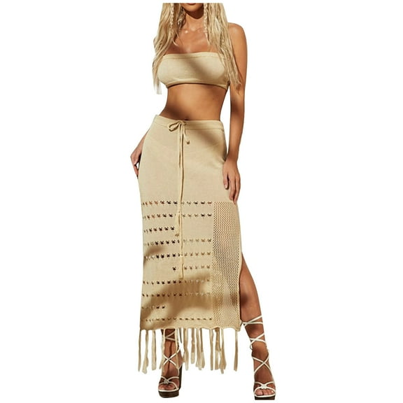 REORIAFEE Womens Two Piece Outfits Matching Set Summer Vacation Trendy Clothes Women's Cut out Bikini Blouse Summer Breast Wrap Long Skirt Two Piece Lace up Beach Skirt Beige L