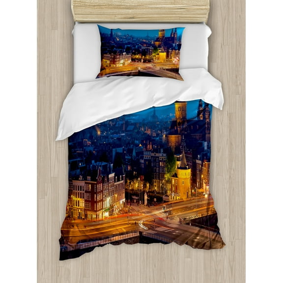 City Duvet Cover Set, Night View of Amsterdam Famous Landmark European Urban Travel Architecture, Decorative 2 Piece Bedding Set with 1 Pillow Shams, Twin Size, Blue Marigold Tan, by Ambesonne