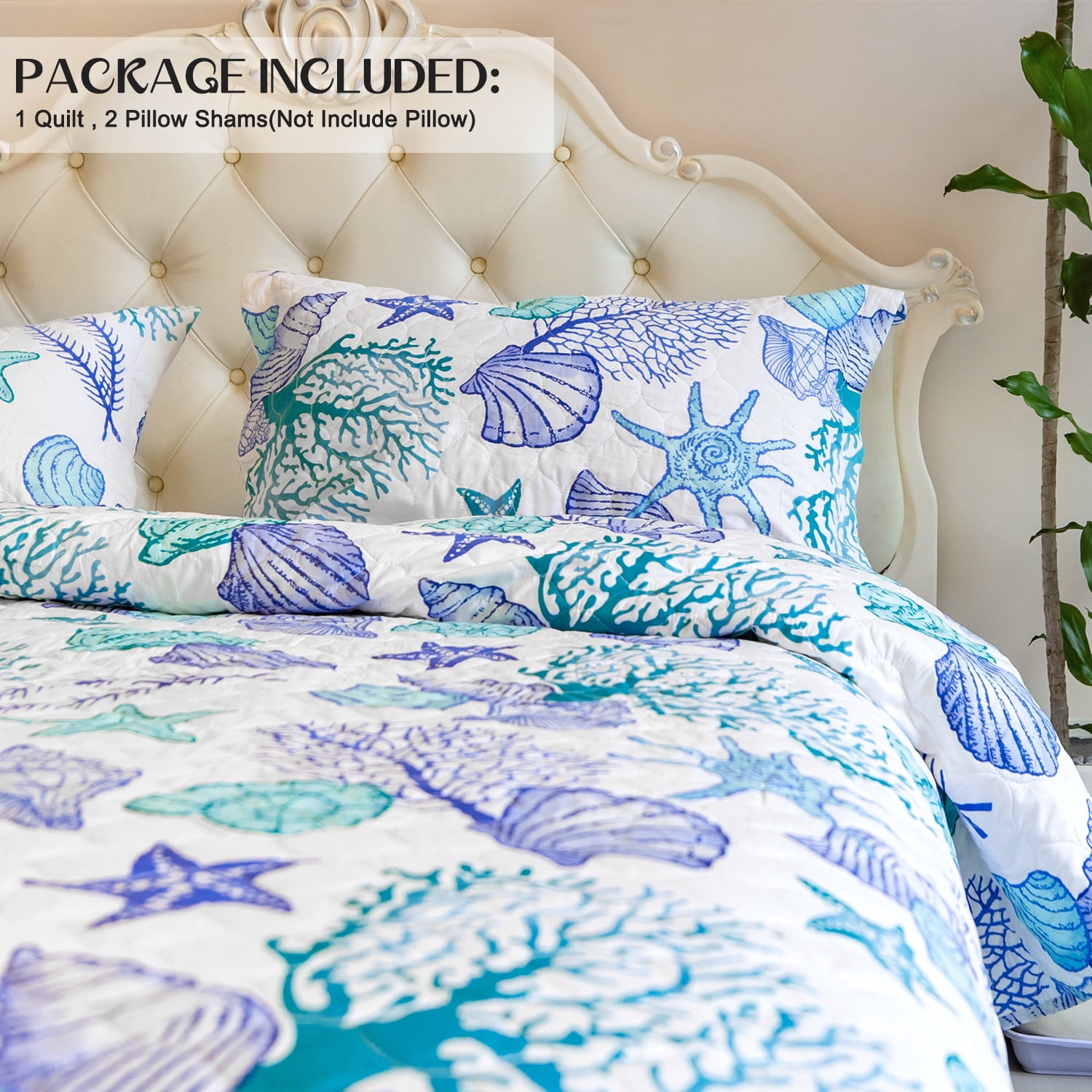 Kebury Ocean Beach Quilts Bedding Set Twin Size Lightweight Patchwork Coastal Quilted Bedding Blue Ocean Printed Coverlets Conch Seashell Starfish Seaweed Bedspreads (1 Quilt, 2 Pillow Shams)